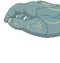 A blue robotic hand with glowing gold markings repeatedly performs a gentle petting motion.