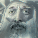 A man with a thick beard looks upward with a suspicious and judgmental expression.