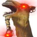 Camel with glowing red laser eyes and a distorted, deep-fried appearance.
