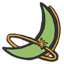 A stylized green crescent moon encircled by a golden ring with a small starburst.