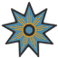 Eight-pointed starburst symbol with blue center and golden rays.