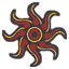 Sun emblem with swirling red rays and a gold circular center.