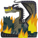 Fatalis the dragon breathing fire in a pixel art style.