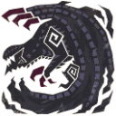 Gore Magala dragon curled up with dark scales and glowing purple highlights.