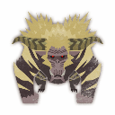Rajang the monster from Monster Hunter with glowing red eyes and spiky yellow hair looking extremely angry.