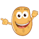 A cartoon potato with a wide smiling face waving its hand.
