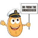 A cartoon potato wearing a captain's hat, smiling and holding a white sign with text.