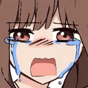 Anime girl with brown hair crying with large, exaggerated blue tears streaming down her face.