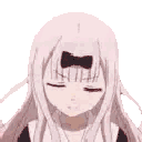 Chika Fujiwara with a closed-eye, annoyed expression and a black hair bow.