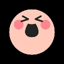 A round face with closed eyes and a wide open mouth, featuring bright pink blush on the cheeks.