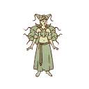 Forest spirit with leafy wings and a long dress standing in a graceful pose.