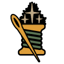 A gold spool of green thread with a needle and three sparkling stars above it.