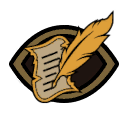 A golden quill pen writing on a scroll inside a dark eye-shaped frame.