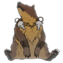A brown bear sitting with a slumped posture and skull accessories on its shoulders.