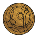 Wooden sphere decorated with complex, intersecting circular line-art patterns.