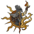 Knight in armor holding a glowing flame with a shield visible on their back.