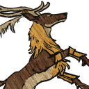 Stag rearing up on its hind legs with large antlers and a golden mane.