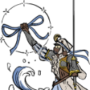 A fencer in historical clothing holds a blue ribbon high in the air while standing in a dramatic pose.