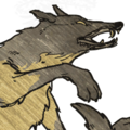 A stylized wolf with a dark, sketched appearance snarling with its mouth open.