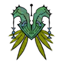 A symmetrical crest icon with sharp green upper segments and yellow lower leaf-like shapes.