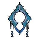 A blue geometric emblem with a diamond-shaped frame and a circular center on a black background.
