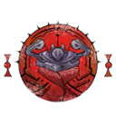 An armored helmet centered inside a red circular emblem with dark line-art details.