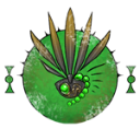 Glowing emblem with a gold crest and green orbs centered on a green circle.