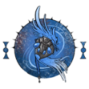 A mystical blue creature with dark armor swirls within a circular cosmic frame.