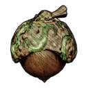 An acorn with a brown nut and a textured cap wrapped in glowing green vines against a black background.