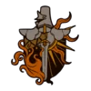 A sword emblem surrounded by orange flames and golden light against a black background.