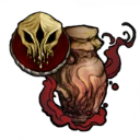 A weathered clay vessel sits next to a circular emblem featuring a three-eyed skull, surrounded by wisps of red smoke.