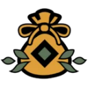 A golden pouch tied at the top with a diamond emblem and small green leaves on either side.
