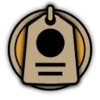 A stylized tan tag with a circular hole and horizontal lines centered inside a dark circular frame with a gold glow.