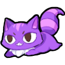 A purple cartoon cat with a striped tail and a wide, mischievous grin.