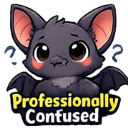 A small gray bat with large eyes and pink cheeks looking confused with question marks floating on either side.