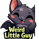 A small gray bat with a wide, happy, toothy grin and pink cheeks, with the text Weird Little Guy written below it.
