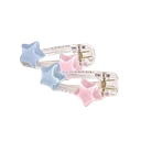 Two star-shaped hair clips, one blue and one pink, floating against a black background.