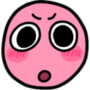 Pink circular face with wide, startled eyes and a small open mouth expressing shock.