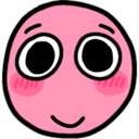 A pink circular face with large white eyes and rosy cheeks looking happy and shy.