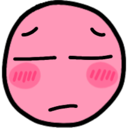 Pink circular face with closed eyes, a flat mouth, and blushing cheeks.