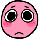 Pink circular character with wide watery eyes and a small frown looking sad.