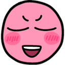 Pink round face with a mischievous grin and blushing cheeks expressing smug satisfaction.