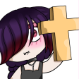 Anime girl with purple hair and a mischievous expression holding up a golden cross.