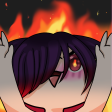Anime character with dark hair and glowing eyes panicking with hands on head while surrounded by bright orange and red flame…