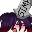 An anime character with purple hair and a bright pink blush on their cheeks has a gray arrow pointing at their head with the…