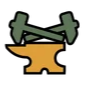 An anvil with two crossed hammers resting on top against a black background.