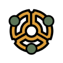 Golden geometric emblem with a central circle and three outer green spheres on a black background.