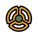 A gold circular symbol with three segments and a green center on a black background.