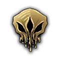 A golden skull-shaped icon with three eye voids dripping liquid against a black background.