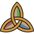 Triquetra Celtic knot symbol with gold outlines and colored segments.